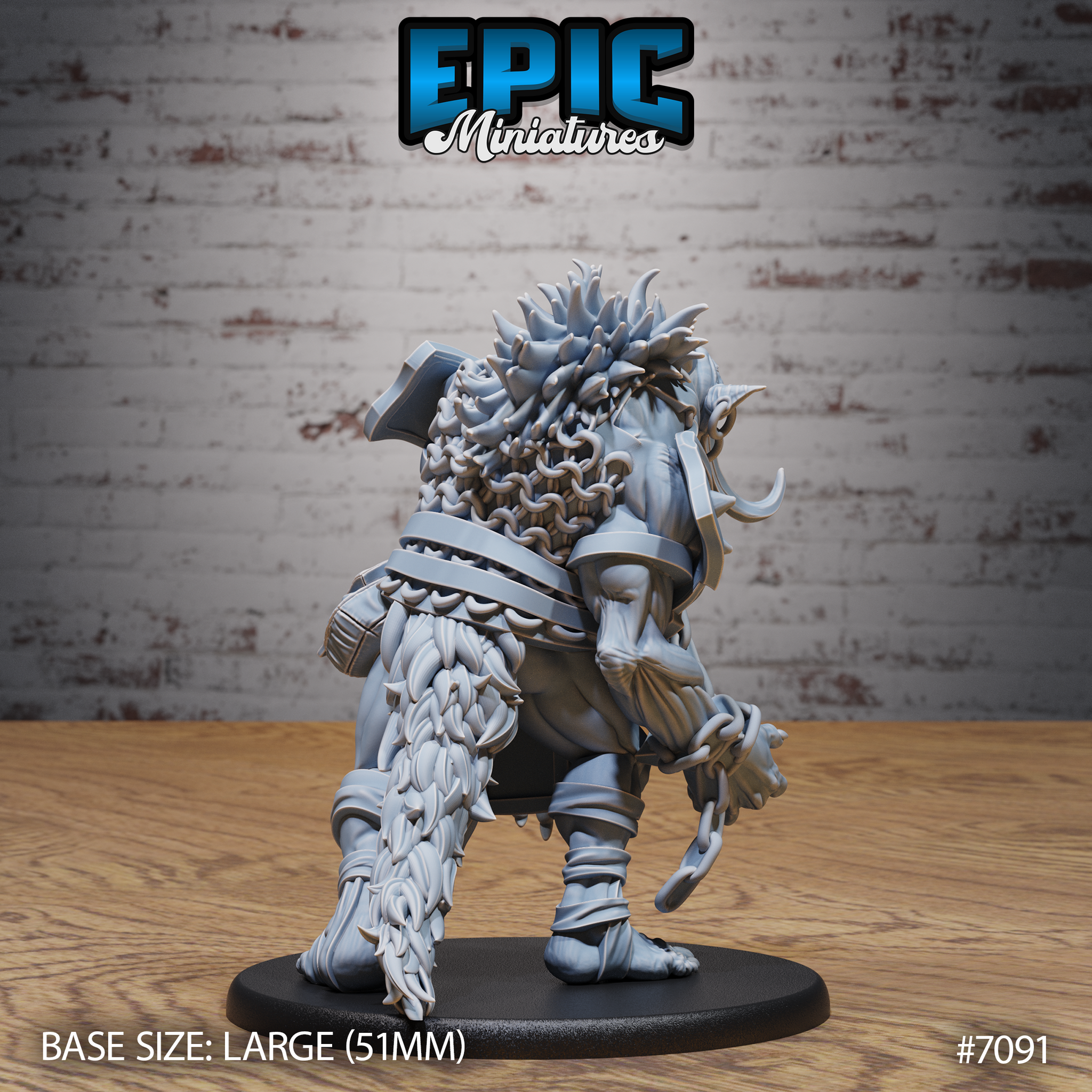Blood troll miniature seen from behind, showing a scaled fur tail sweeping low, spiked wild mane, battered layered armour across its back, and dangling shackle chains at both wrists. Sculpt by Epic Miniatures.