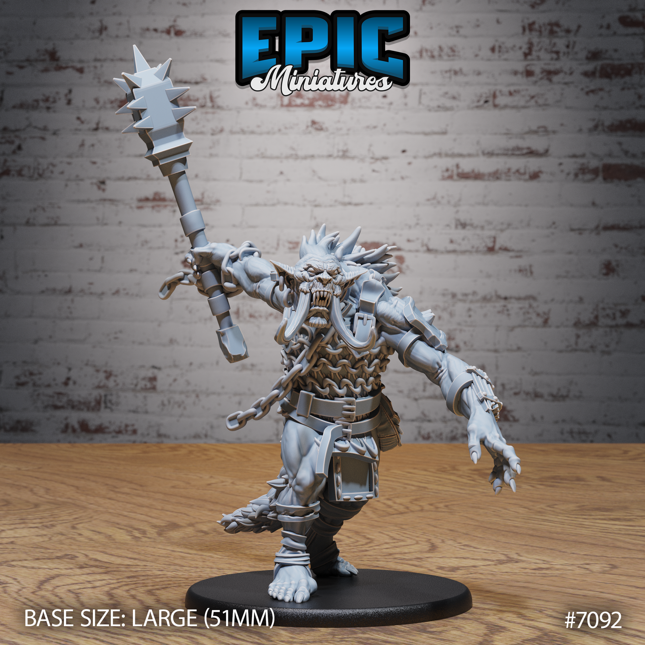 Snarling blood troll lunging forward with a long spiked maul raised overhead, heavy chain hanging from one arm, bony spines along shoulders, wearing chain mail over a muscular frame, mounted on a large oval base. Sculpt by Epic Miniatures.