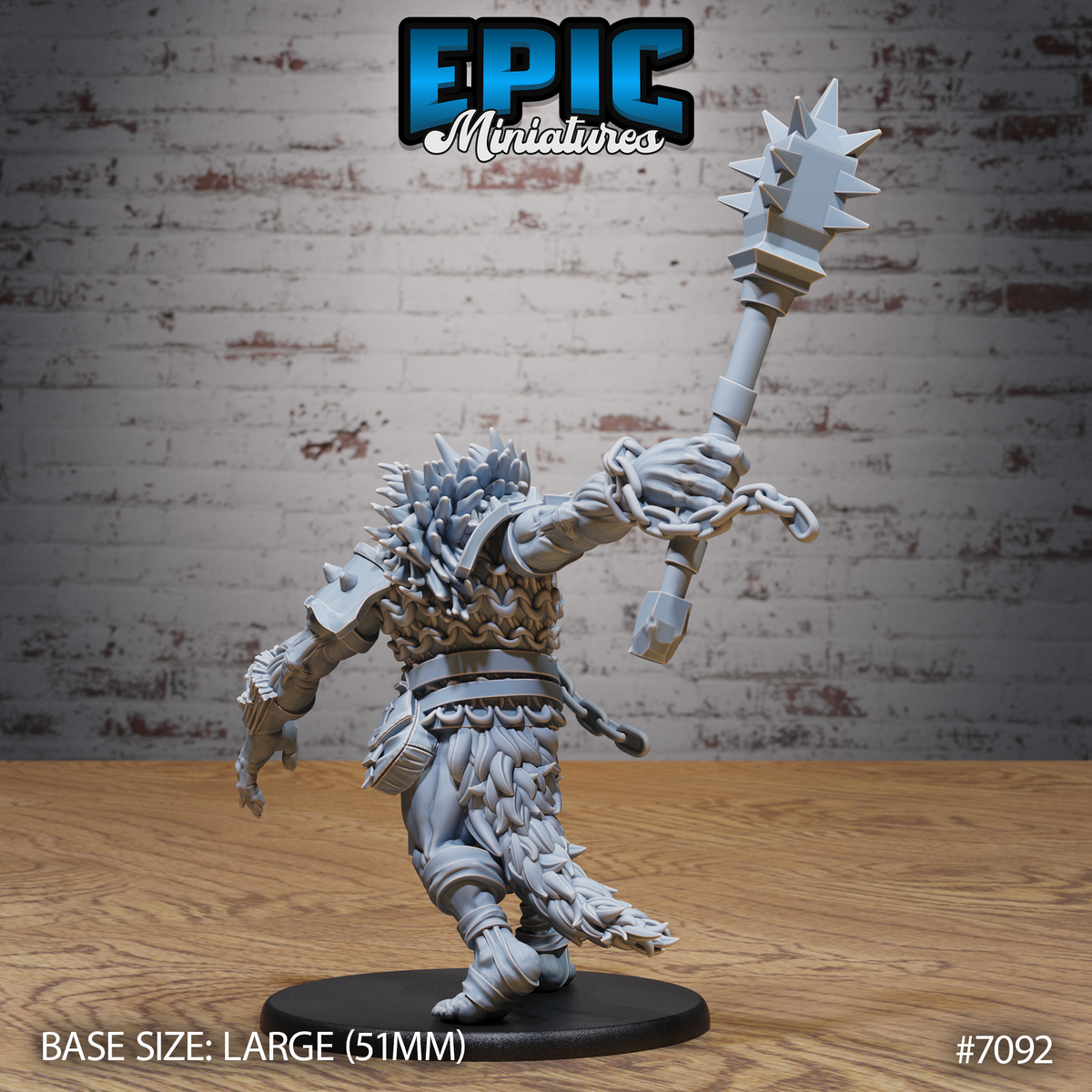 Blood troll sculpt seen from behind, showing dense layered hide with overlapping fur and bony ridges along the spine, spiked maul thrust upward, clawed feet gripping the ground mid-stride, heavy chain looped at the side. Sculpt by Epic Miniatures.