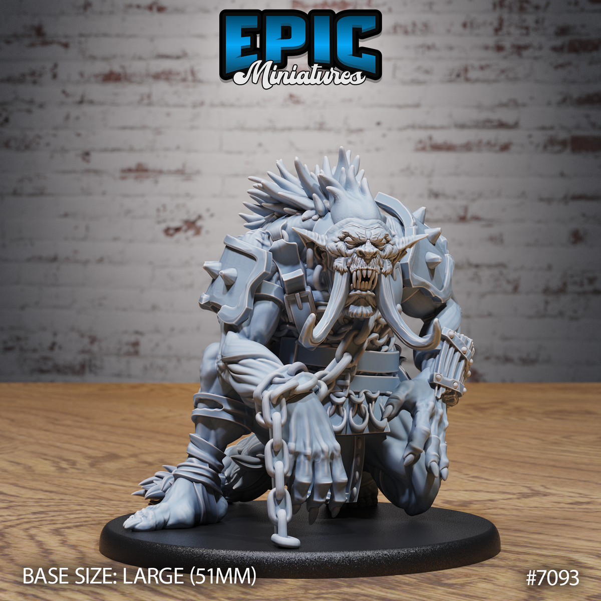 Massive crouching troll miniature with tusked open jaw and wild bone-spine mane, heavy iron chains hanging from its armoured torso, wearing riveted metal pauldrons, mounted on a large oval base. Sculpt by Epic Miniatures.