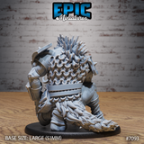 Rear view of a crouching troll miniature showing dense overlapping scale-hide covering its back, bone spurs running down its spine, a sweeping scale-and-fur cloak, and a riveted metal backplate. Sculpt by Epic Miniatures.