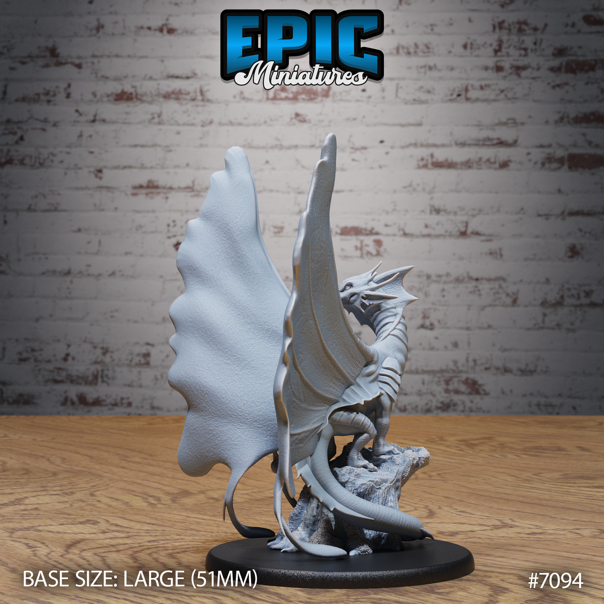 Fairy dragon miniature seen from behind, large veined membranous wings dominating the silhouette, tail wrapped around a weathered stone base. Sculpt by Epic Miniatures.
