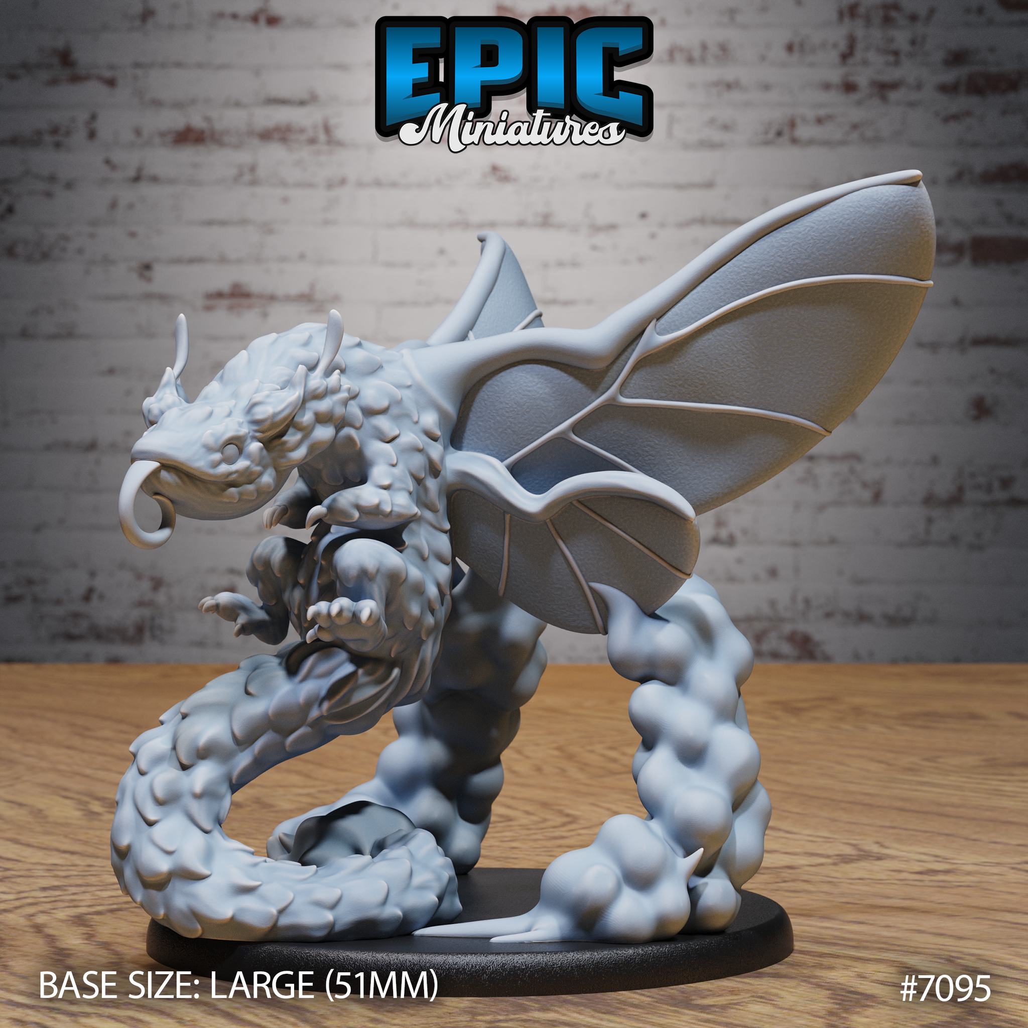 Fairy Dragon miniature by Epic Miniatures, leaning forward with jaws open and claws splayed, four wings spread wide, coiling tail looped beneath on a sculpted cloud base.