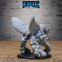 Fairy Dragon miniature by Epic Miniatures seen from behind, showing four spread wings — two broad insect-like and two narrower batlike — with a coiling scaled tail and cloud base.