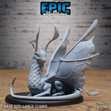 Fairy Dragon crouched in a resting pose on an oval base, scaled chest and neck, branching antlers, large veined butterfly wings spread wide, long curled tail. Sculpt by Epic Miniatures.