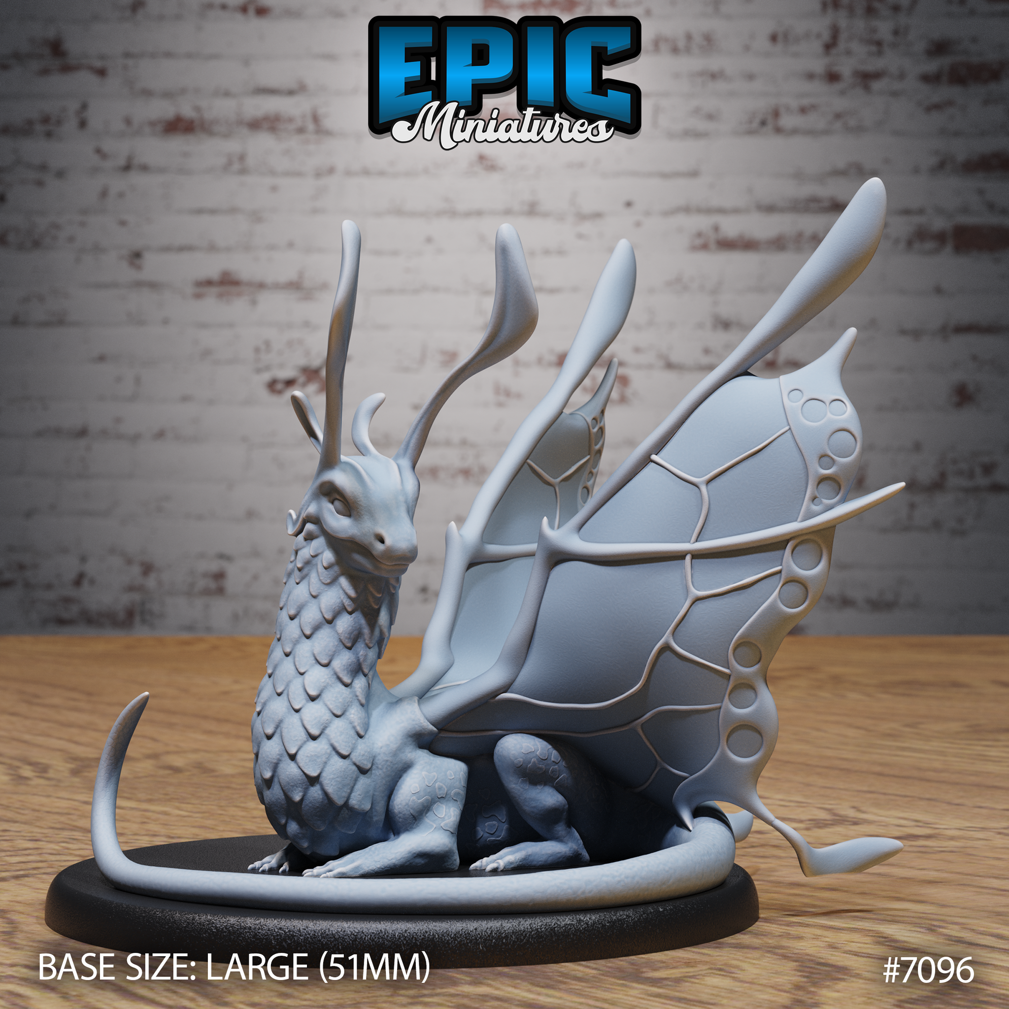Fairy Dragon crouched in a resting pose on an oval base, scaled chest and neck, branching antlers, large veined butterfly wings spread wide, long curled tail. Sculpt by Epic Miniatures.