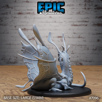 Fairy Dragon seen from behind, showing the full spread of veined butterfly wings with circular fenestrations, smooth rounded back plates, and branching antlers rising above the head. Sculpt by Epic Miniatures.