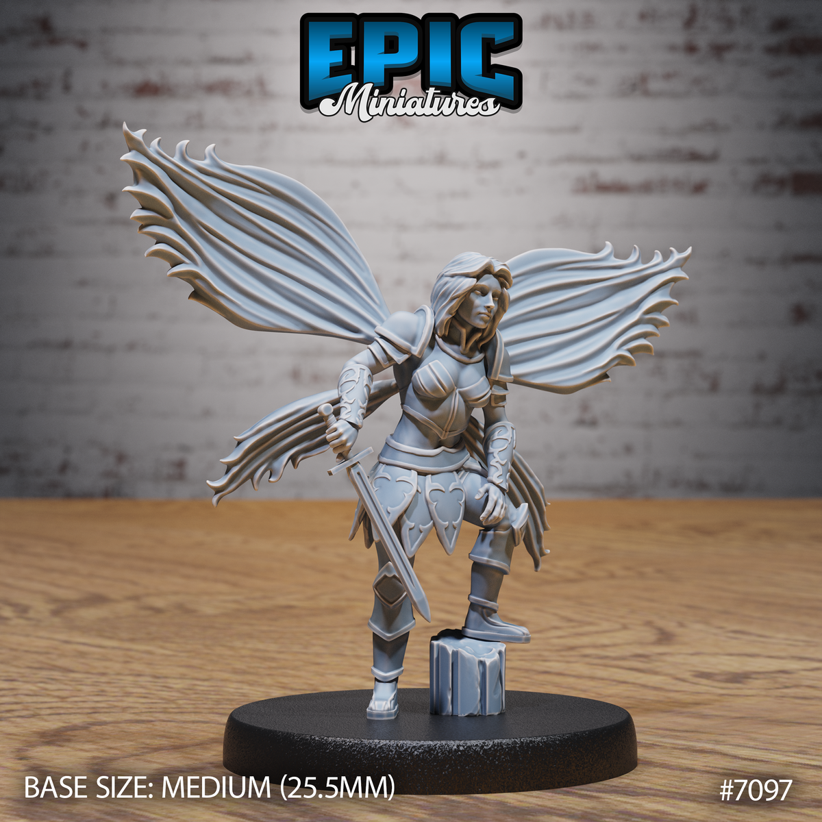 Winged female knight in ornate heart-etched plate armour, one foot raised on a stone plinth, sword held low at her side, large serrated insectoid wings spread wide. Sculpt by Epic Miniatures.