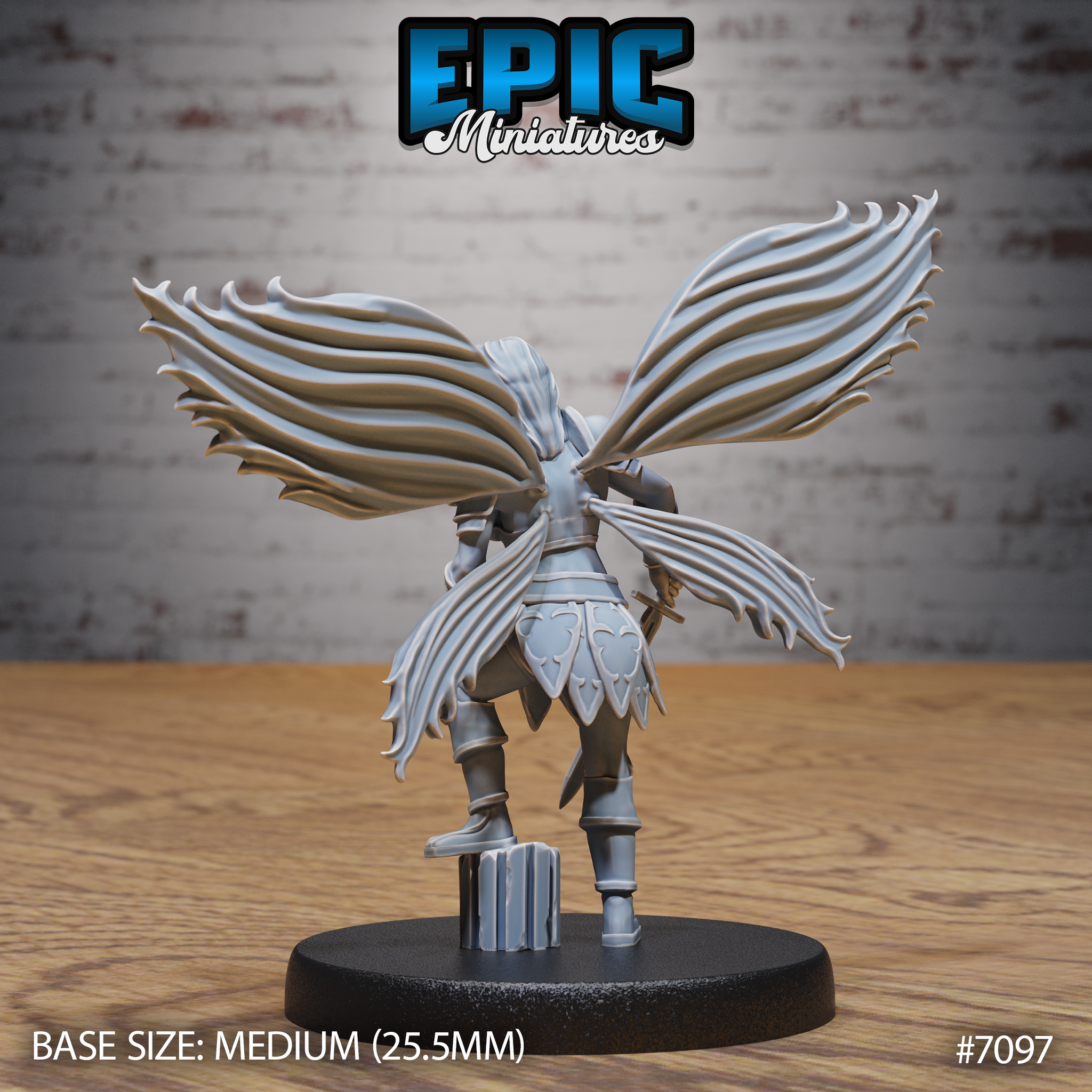 Rear view of a winged female knight showing two large layered insectoid wings with jagged trailing edges, ornate heart-motif tasset, and long hair falling loose over armoured pauldrons. Sculpt by Epic Miniatures.