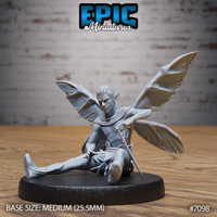Winged fey male figure seated on a decorative base, one leg extended, holding a slender dagger loosely in one hand. Four large moth-like wings spread wide. Sculpt by Epic Miniatures.