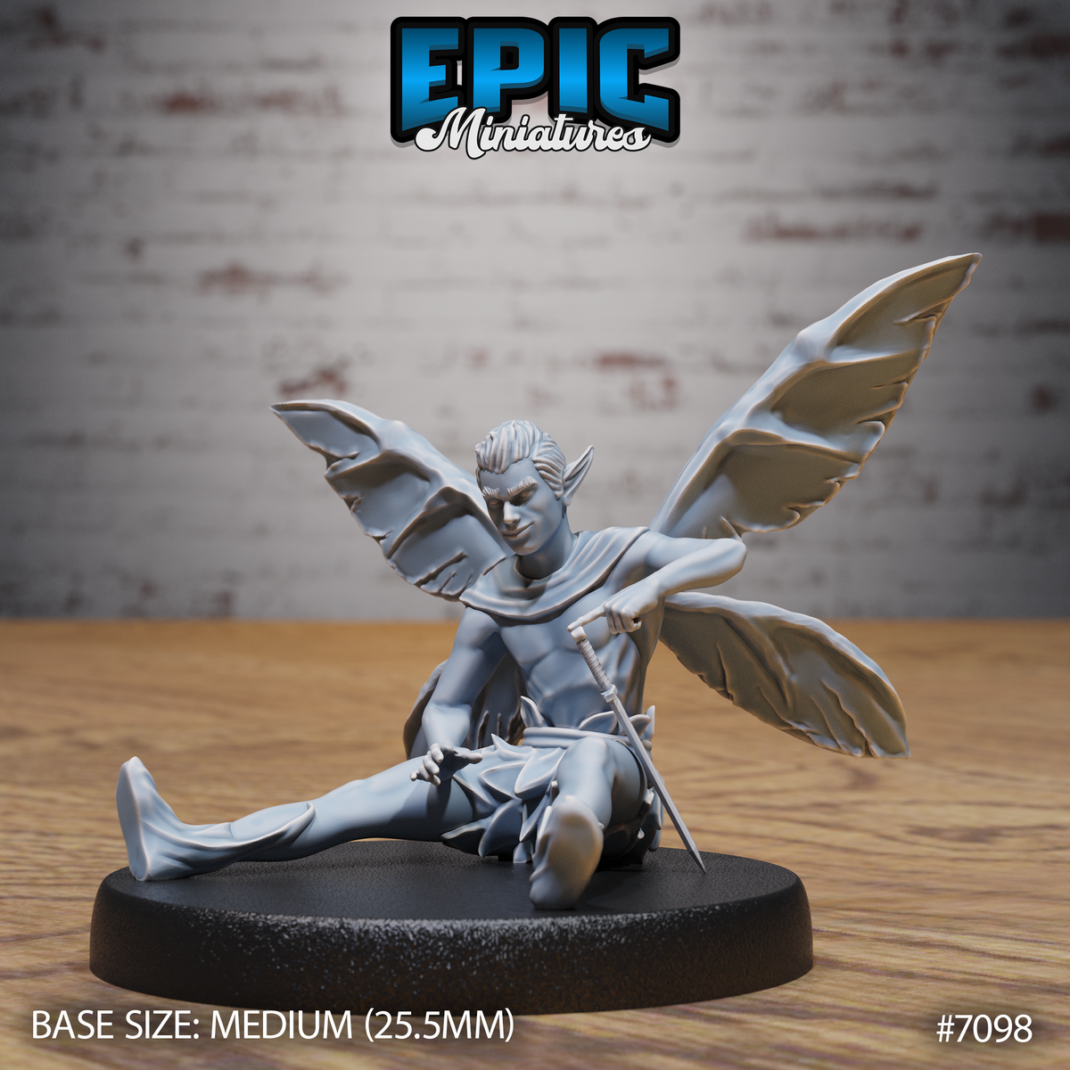 Winged fey male figure seated on a decorative base, one leg extended, holding a slender dagger loosely in one hand. Four large moth-like wings spread wide. Sculpt by Epic Miniatures.