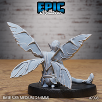 Winged fey male figure viewed from behind, four broad layered wings fully extended, wearing a draped cloak and leaf-edged clothing, seated pose with extended leg visible. Sculpt by Epic Miniatures.