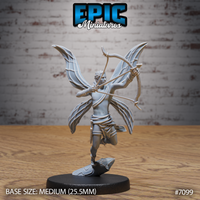 Winged fey male archer drawing a longbow at full tension, one knee raised mid-hover, four broad insectoid wings spread wide, bare-chested with a waist sash and short blade at hip, on a leaf-shaped scenic base. Sculpt by Epic Miniatures.