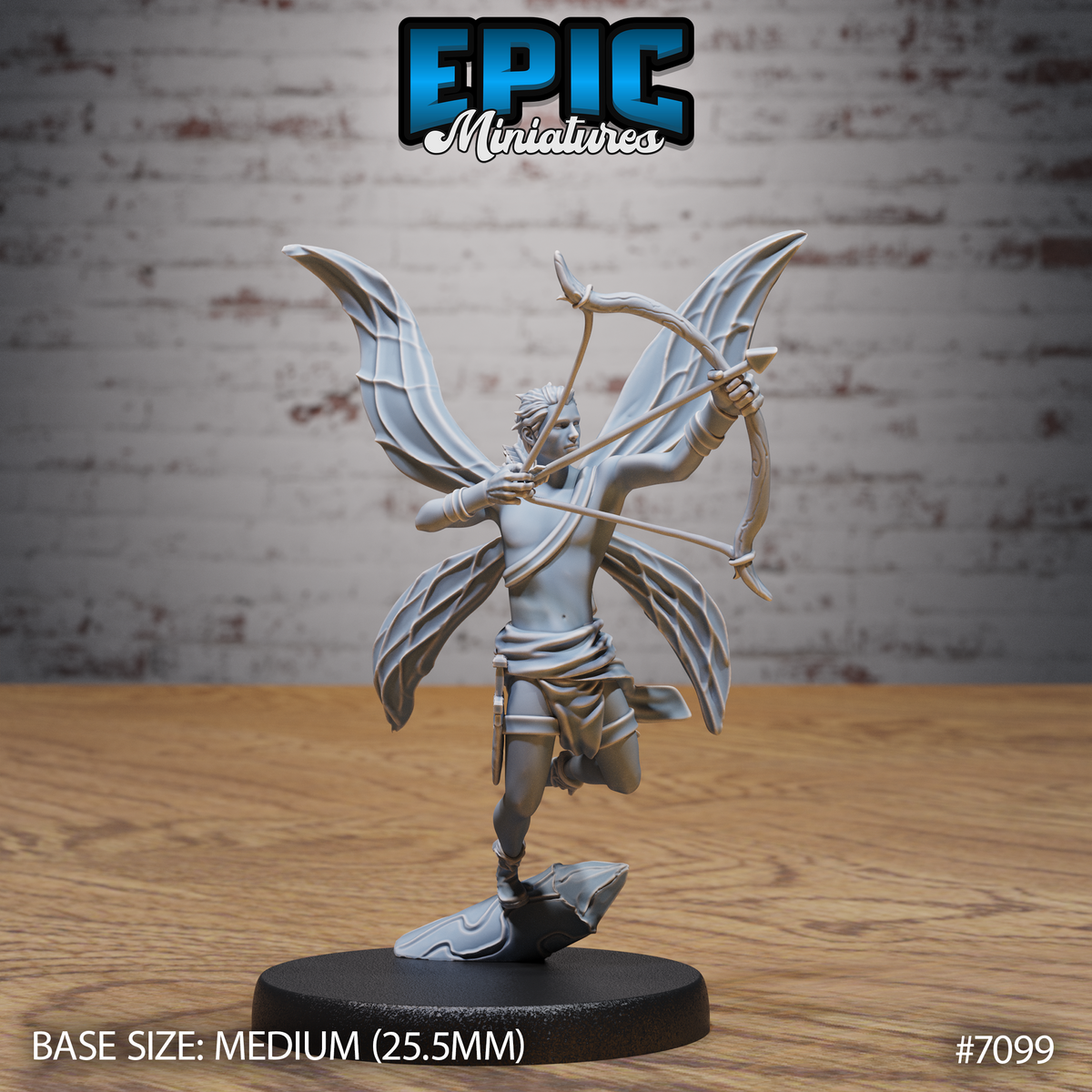 Winged fey male archer drawing a longbow at full tension, one knee raised mid-hover, four broad insectoid wings spread wide, bare-chested with a waist sash and short blade at hip, on a leaf-shaped scenic base. Sculpt by Epic Miniatures.