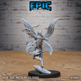 Fey male archer seen from behind, four insectoid wings fanned outward, quiver visible on back, longbow raised overhead with string drawn, one leg lifted, bare torso with wrapped lower body, standing on a leaf-form sculpted base. Sculpt by Epic Miniatures.
