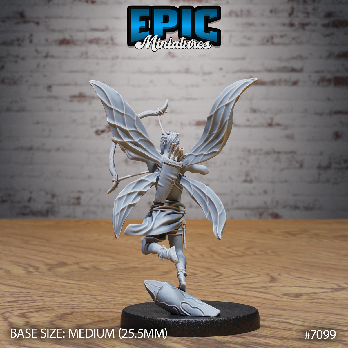 Fey male archer seen from behind, four insectoid wings fanned outward, quiver visible on back, longbow raised overhead with string drawn, one leg lifted, bare torso with wrapped lower body, standing on a leaf-form sculpted base. Sculpt by Epic Miniatures.