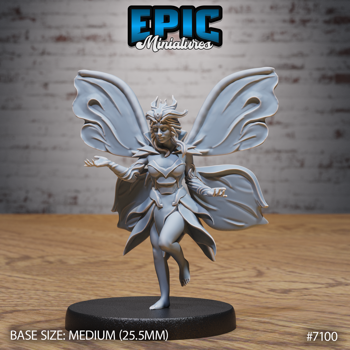 Fey Folk Queen by Epic Miniatures — winged fey figure mid-step, one leg raised, arms outstretched with spread fingers, wearing fitted armour and an organic crown of sharp upswept spires, four layered butterfly wings spread wide behind her.