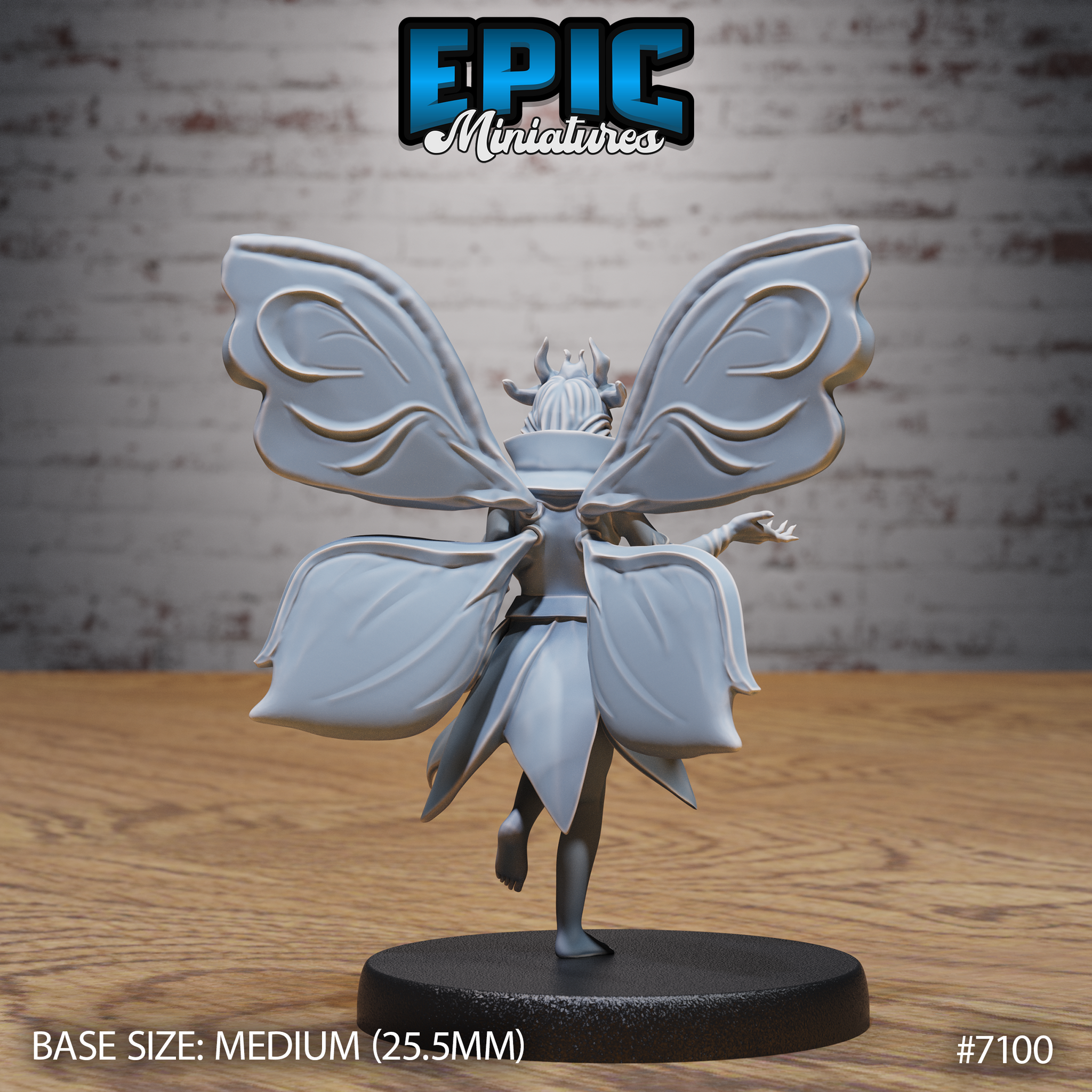 Fey Folk Queen by Epic Miniatures — rear view showing four detailed wing panels with leaf-vein tracery, two large butterfly wings above and two broad petal-shaped panels below, flowing cape spread to each side, hair rising into a pronged crown.