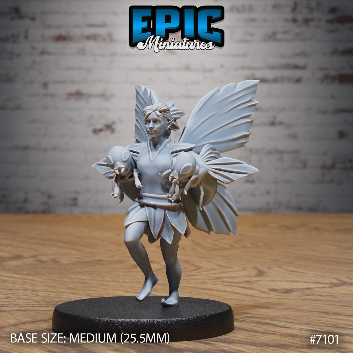 Winged fey figure walking forward, cradling two small frogs in her arms, wearing layered petal skirt and leaf-edged tunic, large veined wings spread behind her. Sculpt by Epic Miniatures.
