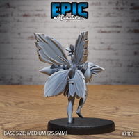 Winged fey figure seen from behind, dominated by large multi-panel wings with detailed leaf and membrane texture, wearing a flower-petal skirt and floral hair ornament. Sculpt by Epic Miniatures.