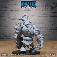 Stone golem standing upright with broad angular stone plates, wrapped forearms, a runic chest sigil, and a large branching ethereal antler-flame above the shoulders, viewed from a slightly elevated angle. Sculpt by Epic Miniatures.