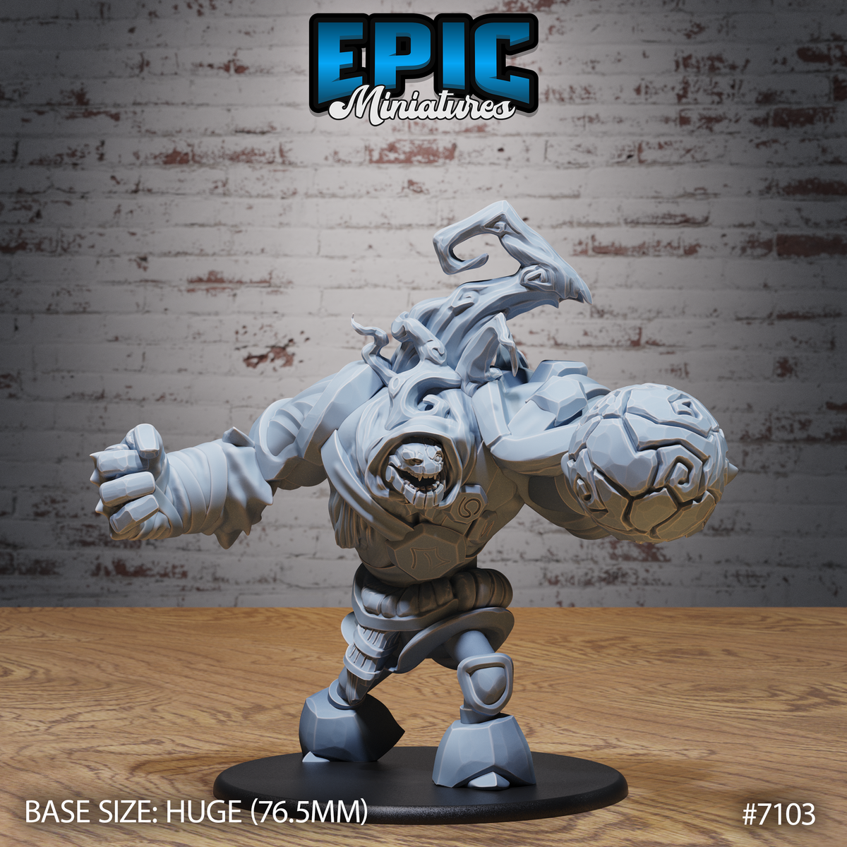 Massive stone golem miniature leaning forward with one bandage-wrapped fist punching forward, a skull-like face on its chest, rune-carved boulder fist raised, and a runic crown structure above. Sculpt by Epic Miniatures.