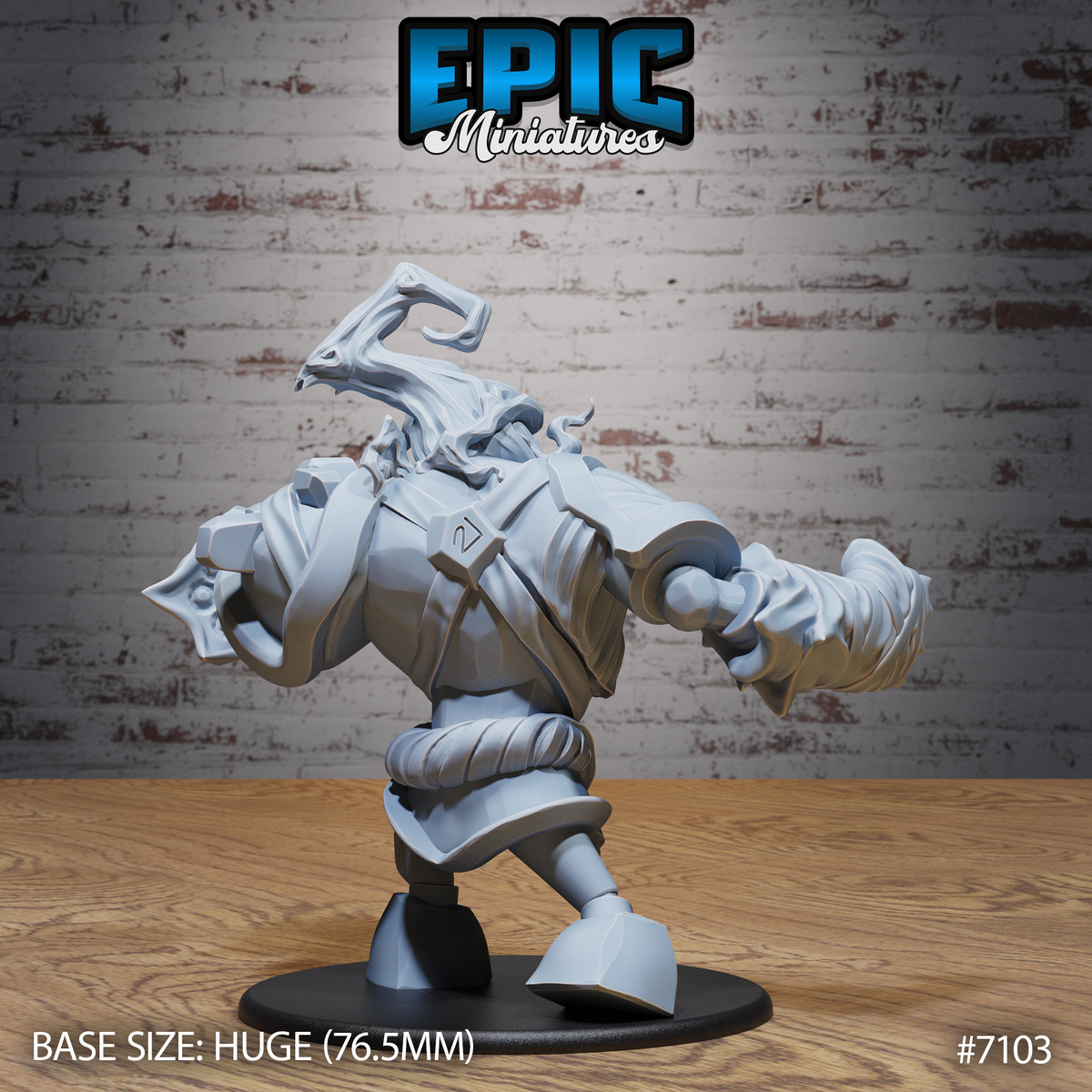 Stone golem miniature viewed from behind, showing broad segmented back armour, wrapped limbs, mechanical ankle joints, and a runic antler-like frame rising from the shoulders. Sculpt by Epic Miniatures.