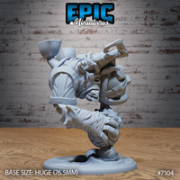 Arcane Stone Golem Smash by Epic Miniatures — massive golem twisting at the waist, one bandage-wrapped fist cocked to strike, grimacing broad face, rune-etched armour plates, cracked terrain base.