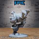 Arcane Stone Golem Smash by Epic Miniatures — golem leaning forward aggressively, raised guard arm with chunky armoured pauldron, cloth wrappings coiling around torso, cracked frozen ground base, rear quarter visible.