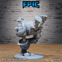 Arcane Stone Golem Smash by Epic Miniatures — golem leaning forward aggressively, raised guard arm with chunky armoured pauldron, cloth wrappings coiling around torso, cracked frozen ground base, rear quarter visible.