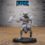 Insectoid humanoid creature with a ridged chitinous head, serrated frills, and a needle-toothed maw, holding a hooked poleaxe across its body in a wide fighting stance. Cloth wrappings cover the torso, and barbed leg armour lines the shins. Sculpt by Epic Miniatures.