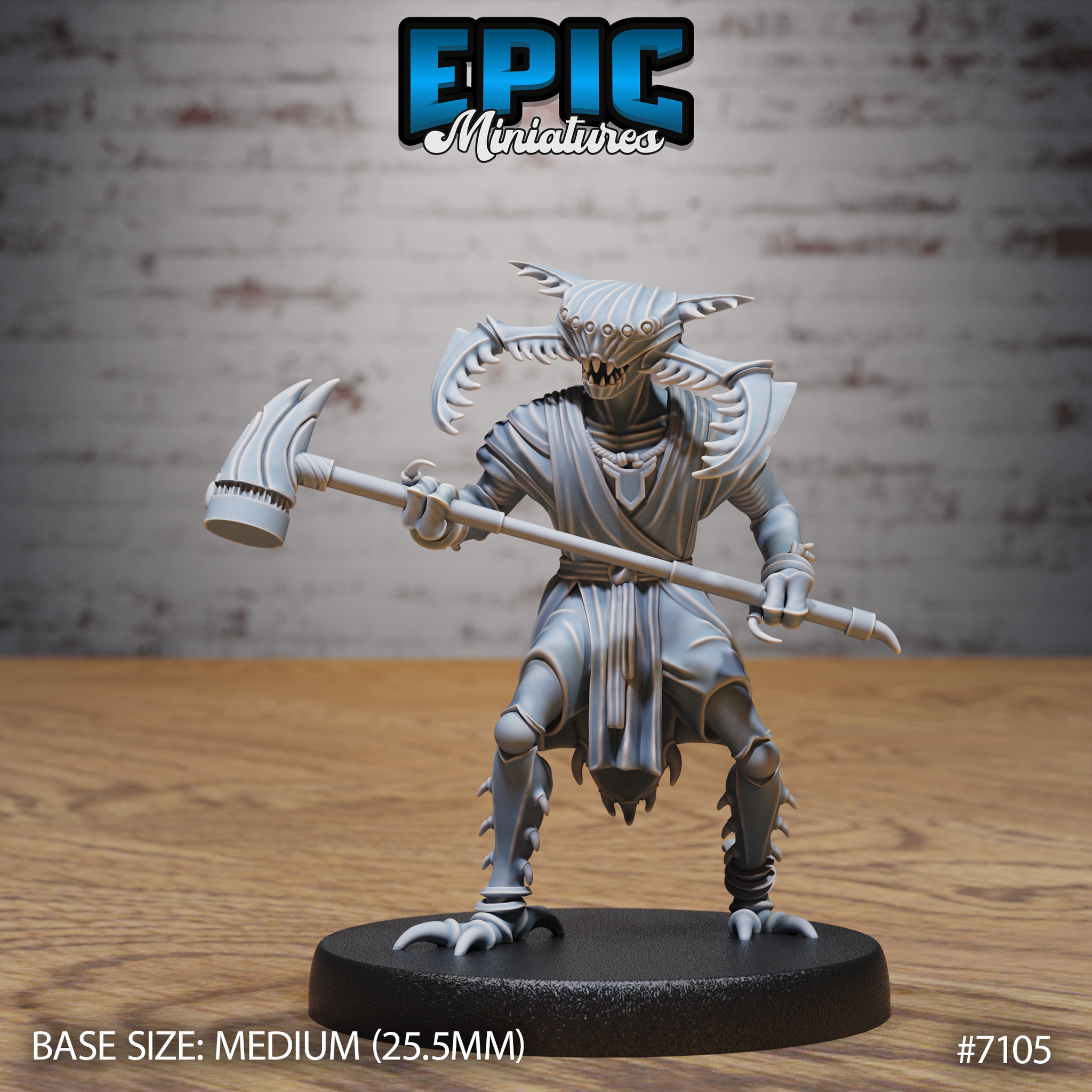 Insectoid humanoid creature with a ridged chitinous head, serrated frills, and a needle-toothed maw, holding a hooked poleaxe across its body in a wide fighting stance. Cloth wrappings cover the torso, and barbed leg armour lines the shins. Sculpt by Epic Miniatures.