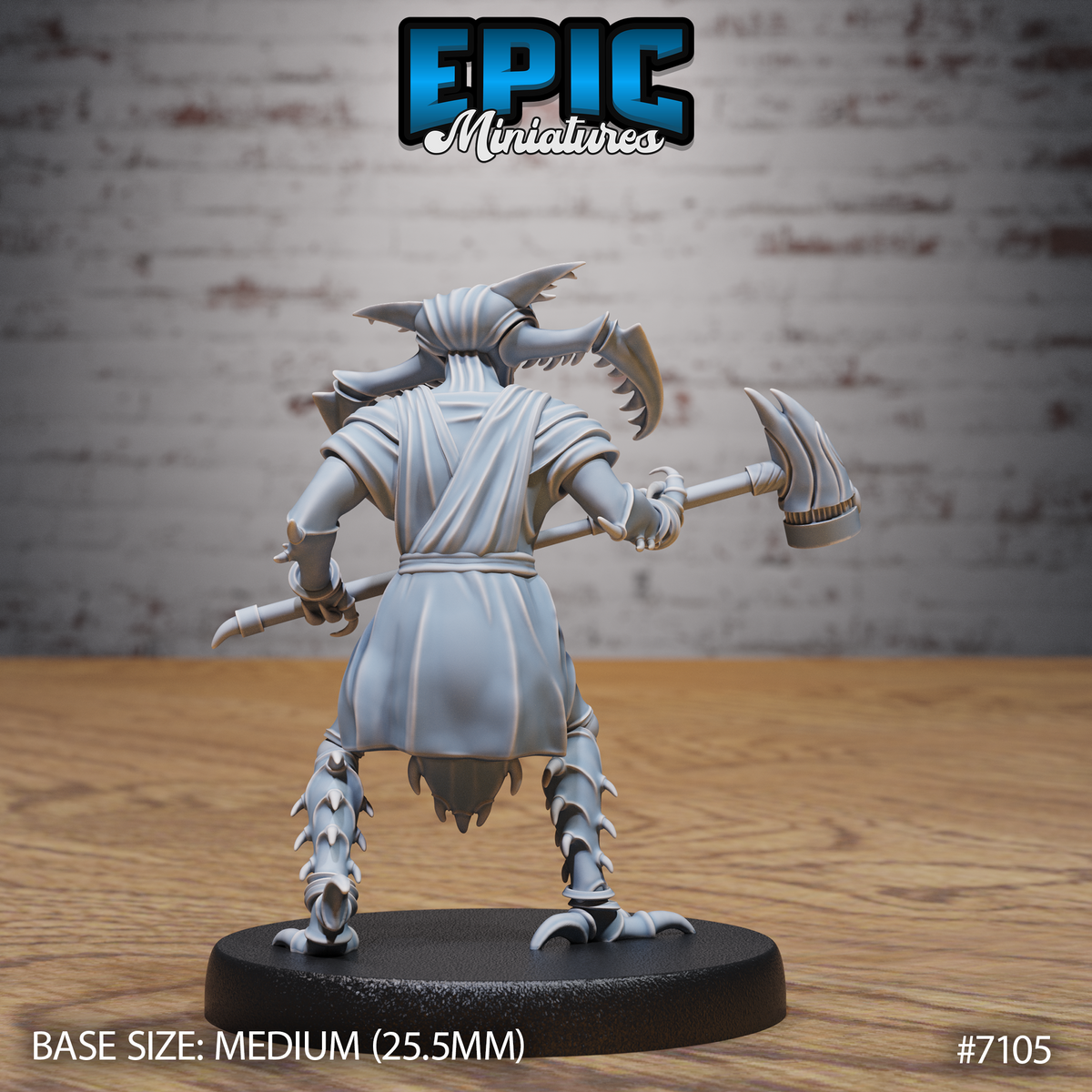 Insectoid humanoid creature seen from behind, revealing cloth robe bindings across the back, barbed segmented leg armour, and a hooked crescent-bladed poleaxe gripped in both clawed hands. The swept-back head frills are visible above the shoulders. Sculpt by Epic Miniatures.