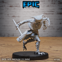 Insectoid creature mid-stride, holding a staff low in one hand with large serrated pincers fanned wide, wearing flowing robes over chitin-armoured legs. Ridged carapace head with toothed jaw. Epic Miniatures sculpt.