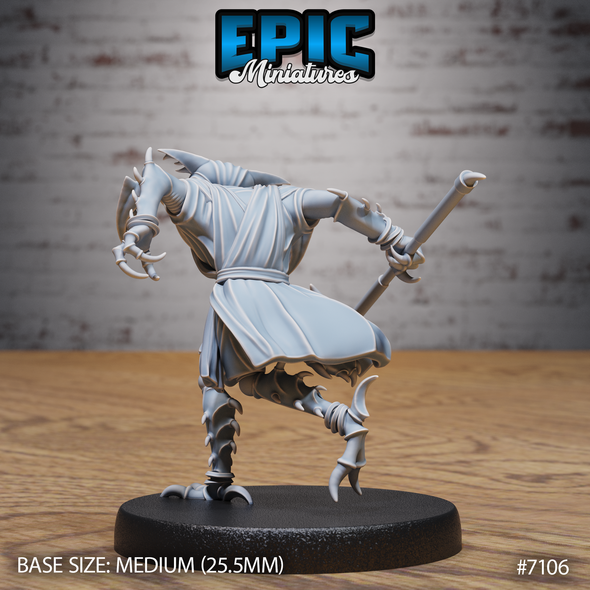 Insectoid creature in a wide-legged stance, robes billowing behind, one clawed hand raised with curling talons, other arm extended holding a staff. Complex chitin detailing on legs and feet. Epic Miniatures sculpt.