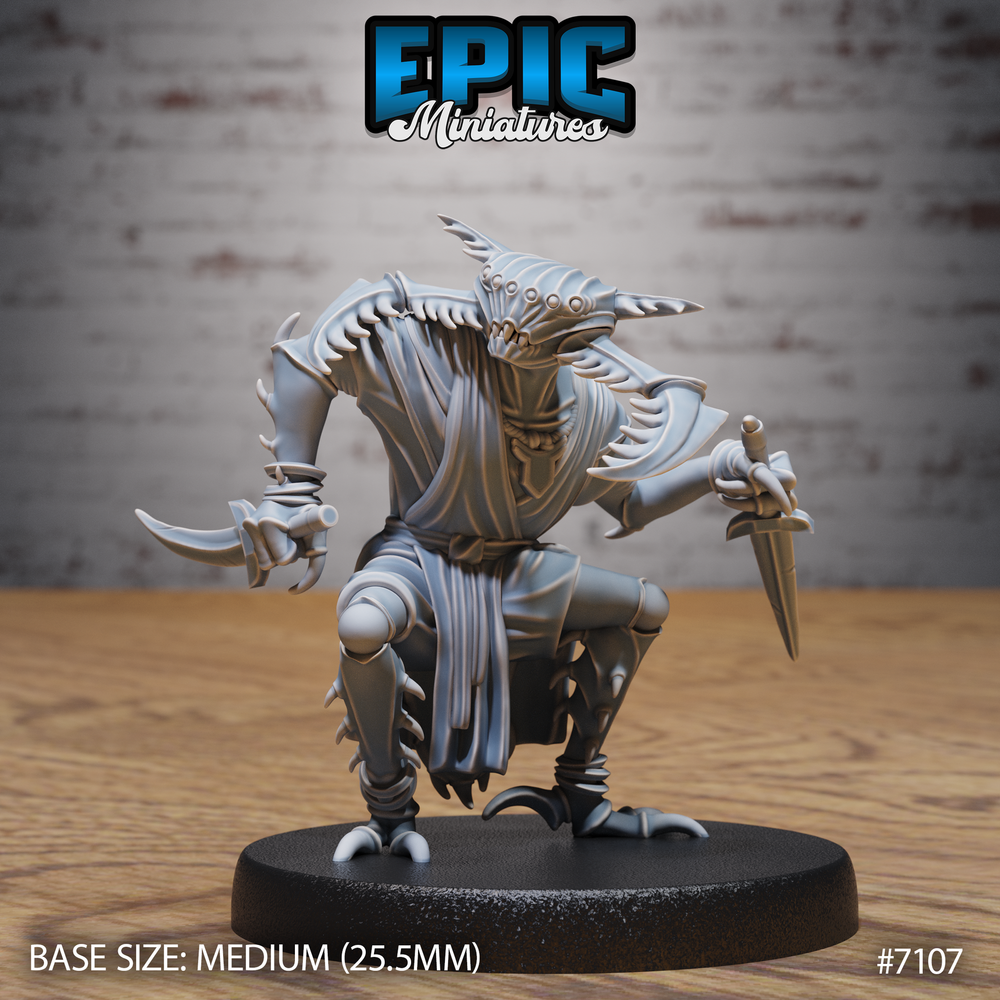 Crouching insectoid creature holding a dagger in its right hand and a curved pincer-claw in its left, wearing tattered robes and spiked chitin armour, horned head angled forward. Sculpt by Epic Miniatures.