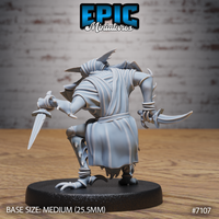 Insectoid figure seen from behind, both arms raised and spread wide, one hand gripping a dagger, the other bearing a large curved pincer, robed body low in a stalking crouch. Sculpt by Epic Miniatures.