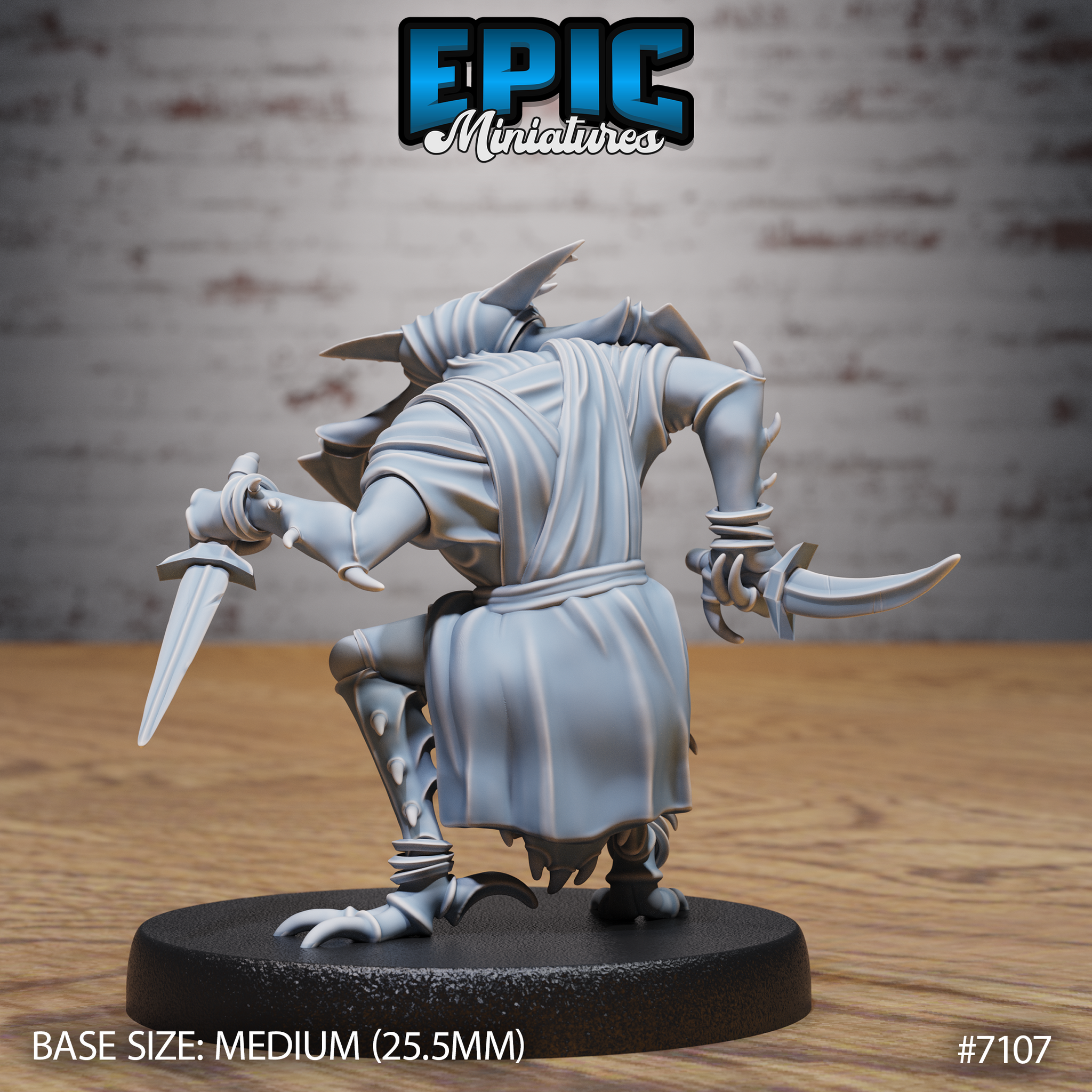 Insectoid figure seen from behind, both arms raised and spread wide, one hand gripping a dagger, the other bearing a large curved pincer, robed body low in a stalking crouch. Sculpt by Epic Miniatures.