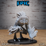 Hunched owl-headed humanoid creature leaning forward on scaled taloned feet, feathered arms spread low, wide disc eyes and hooked beak, swept tail feathers. Sculpt by Epic Miniatures.