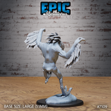 Owl Beast Attack by Epic Miniatures — back of the sculpt showing bristling feathered head crest, bumpy skin texture across the torso, layered wing feathers, scaled lower legs with hooked talons, and one grasping clawed hand reaching forward.