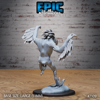 Owl Beast Attack by Epic Miniatures — back of the sculpt showing bristling feathered head crest, bumpy skin texture across the torso, layered wing feathers, scaled lower legs with hooked talons, and one grasping clawed hand reaching forward.