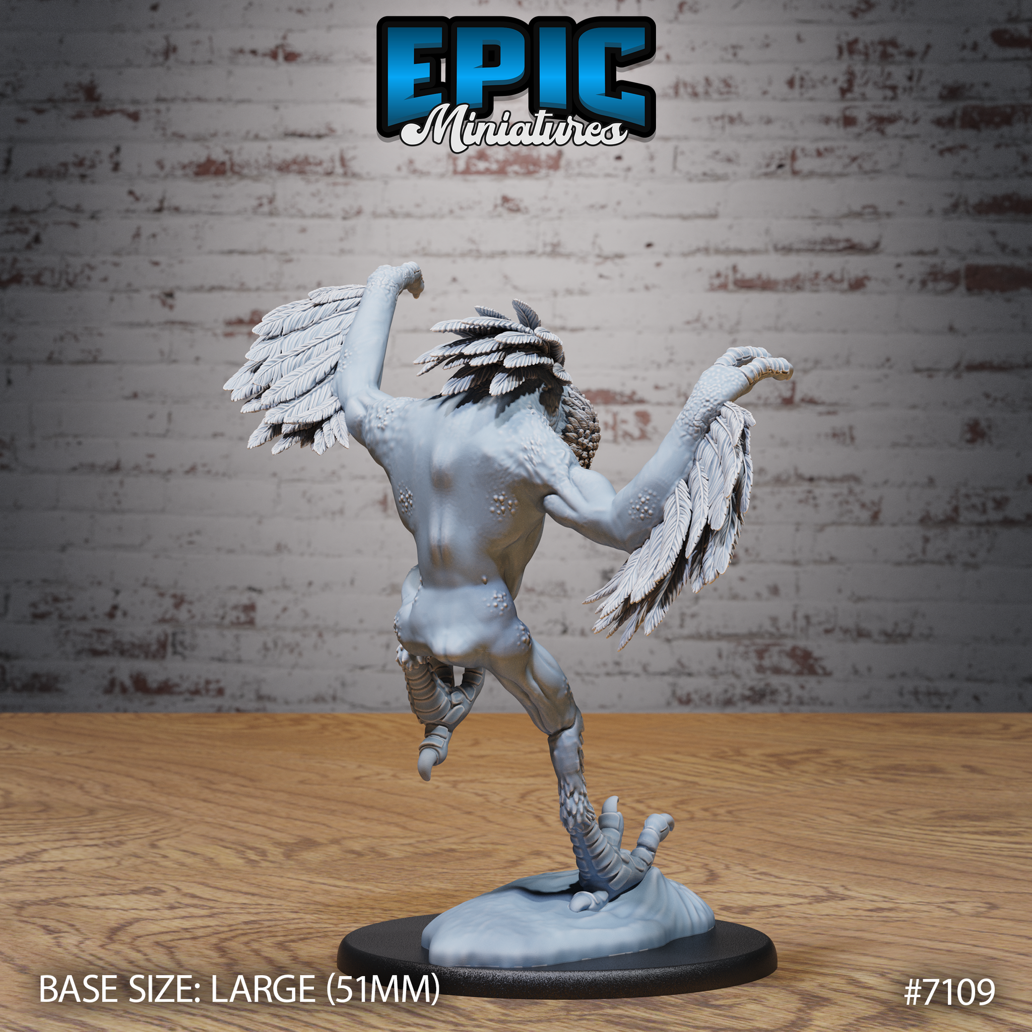 Owl Beast Attack by Epic Miniatures — back of the sculpt showing bristling feathered head crest, bumpy skin texture across the torso, layered wing feathers, scaled lower legs with hooked talons, and one grasping clawed hand reaching forward.