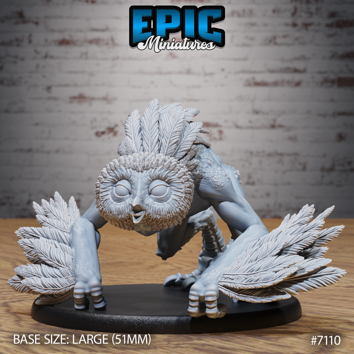 Hunched owl-headed beast crouched low in a pouncing stance, feathered face disc and wide blank eyes forward, broad wing-like arms splayed, muscular bare torso with quill-textured shoulders, on a 51mm oval base. Sculpt by Epic Miniatures.