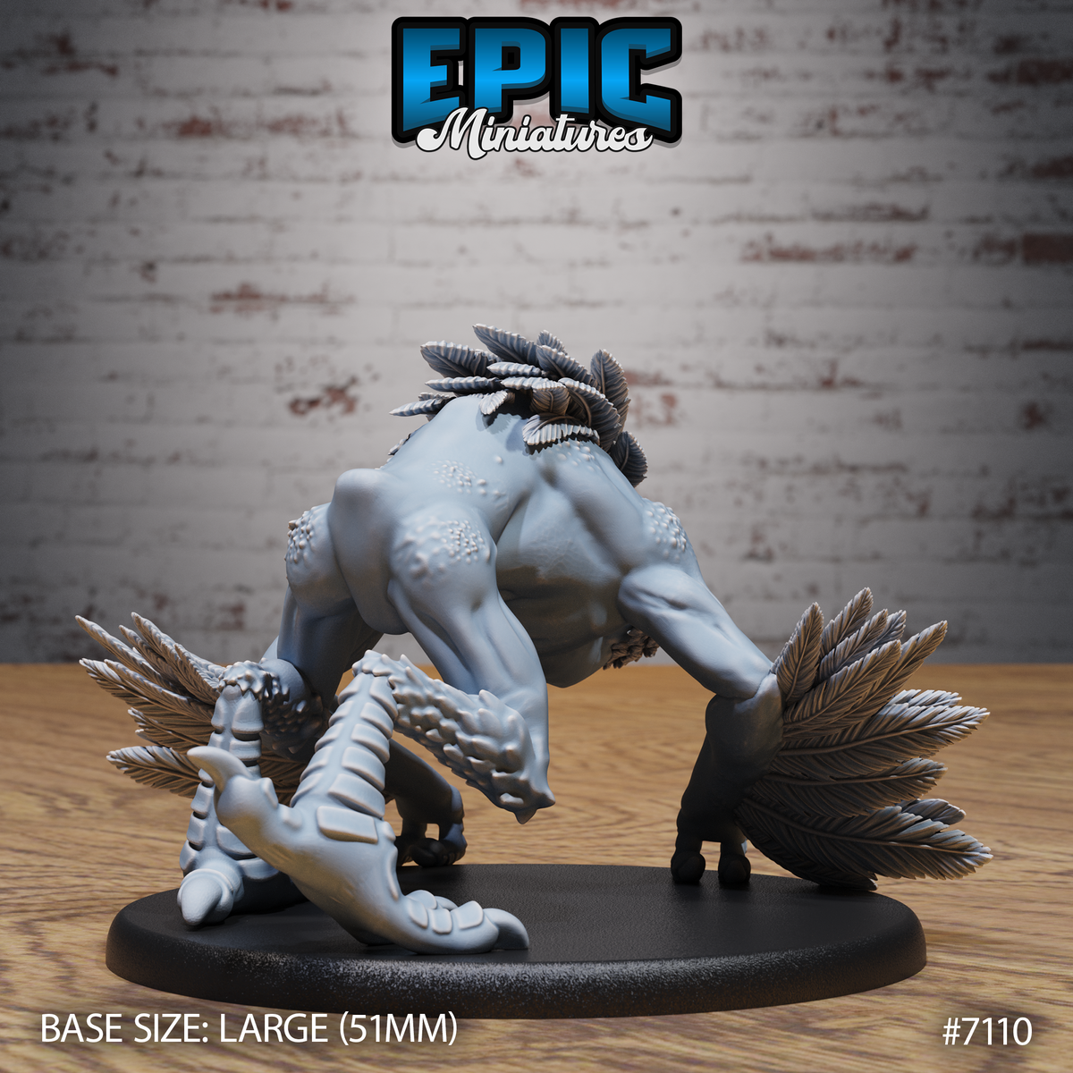 Rear view of a muscular owl-beast creature, deeply striated back muscles visible, feathered crest spreading from the crown, one clawed foot gripping the base alongside a smaller lizard-like creature. Sculpt by Epic Miniatures.