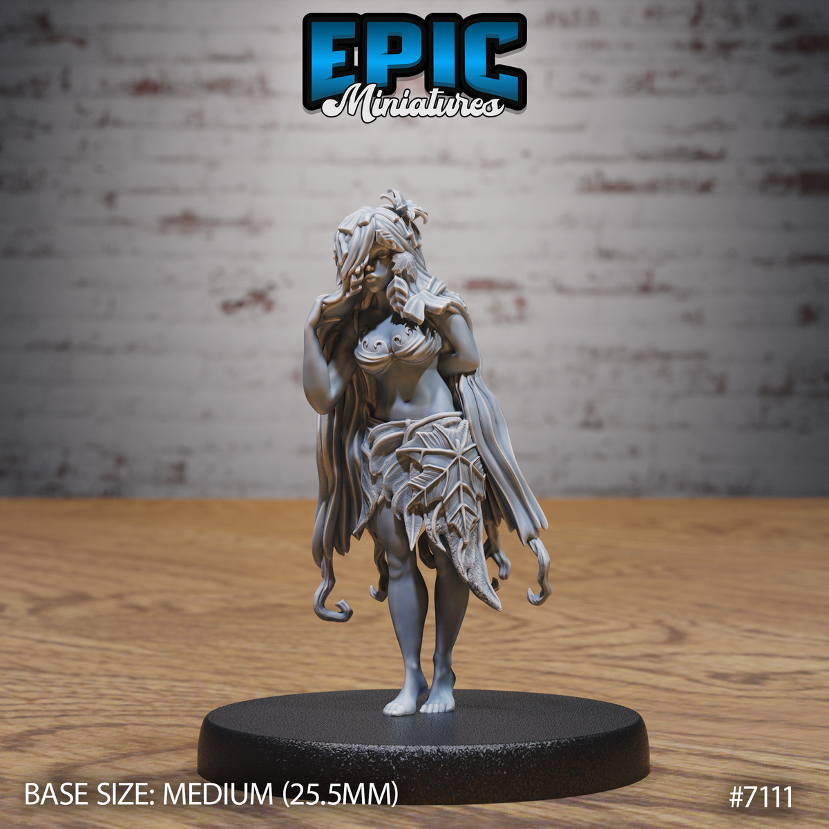 Dryad miniature by Epic Miniatures — a barefoot female figure standing upright, wearing a skirt of large veined leaves and a leaf bodice, with long flowing hair threaded through with foliage and curling tendrils at her hem.