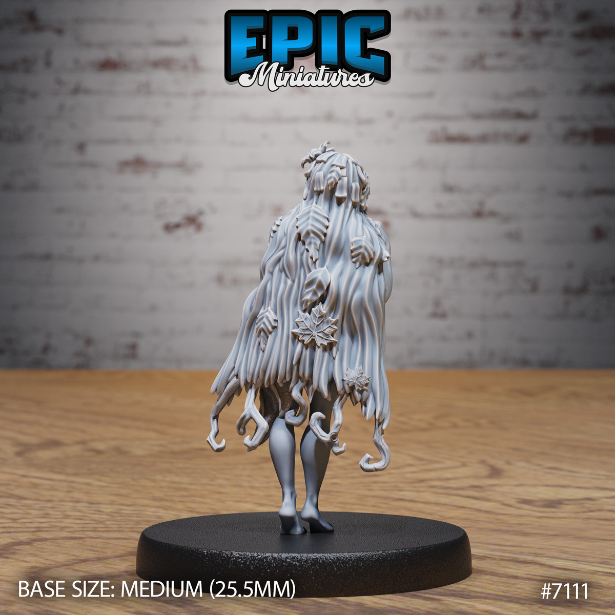 Dryad miniature by Epic Miniatures seen from behind, revealing an elaborate cascade of long hair densely interwoven with broad autumnal leaves and fine vein detail, with curling root-like tendrils emerging at the base of the skirt.