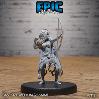 Female dryad miniature with longbow raised in a full overhead draw, one knee lifted mid-step, wearing a leaf skirt and bark chest piece, hair entwined with vines. Sculpt by Epic Miniatures.