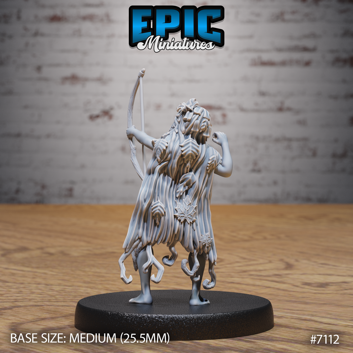 Female dryad miniature shown from behind, displaying cascading hair woven with organic shapes, layered leaf and bark detailing across her back, and a star-shaped leaf motif at her hip. Sculpt by Epic Miniatures.