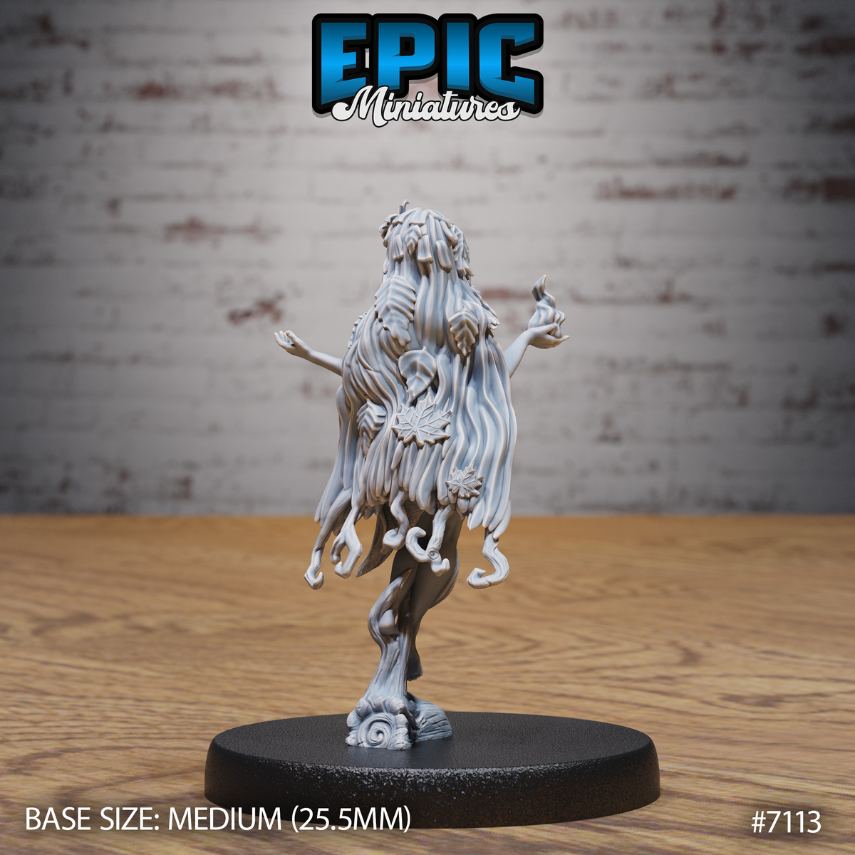 Rear view of the Dryad Magic miniature by Epic Miniatures, showing cascading hair with wood-grain texture flowing down the back, leaf and flower details at the waist, and gnarled root-like lower limbs ending in spiral formations at the base.