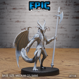 Winged draconic demon miniature standing upright, gripping a tall halberd in one hand, with curved horns, leathery bat-wings spread behind, and a long ridged tail curling to the ground. Sculpt by Epic Miniatures.